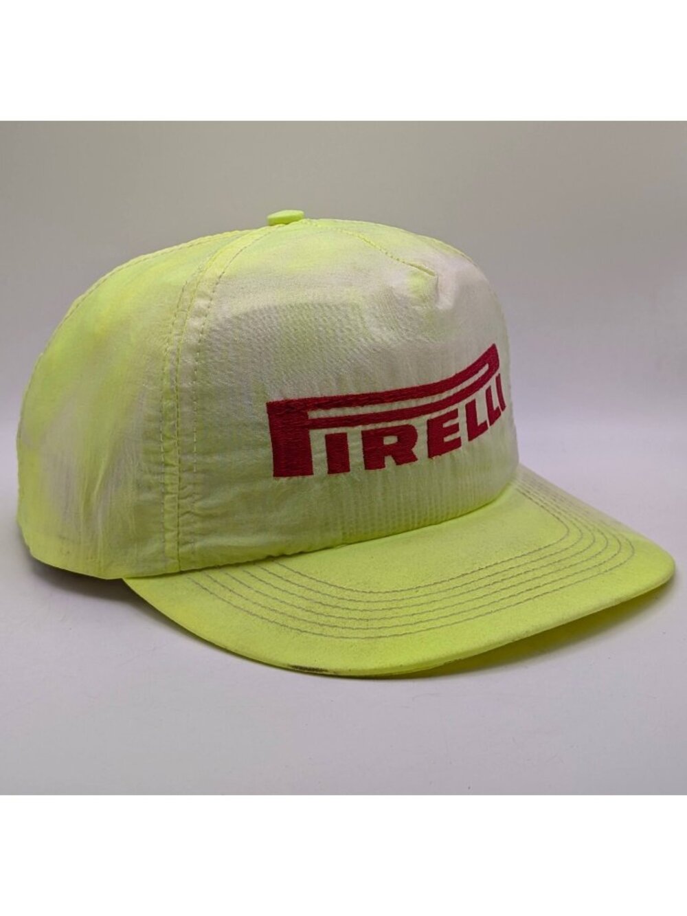 Vintage Pirelli Neon Yellow Snapback Hat Cap USA Made Tires Trucker Retro 80s